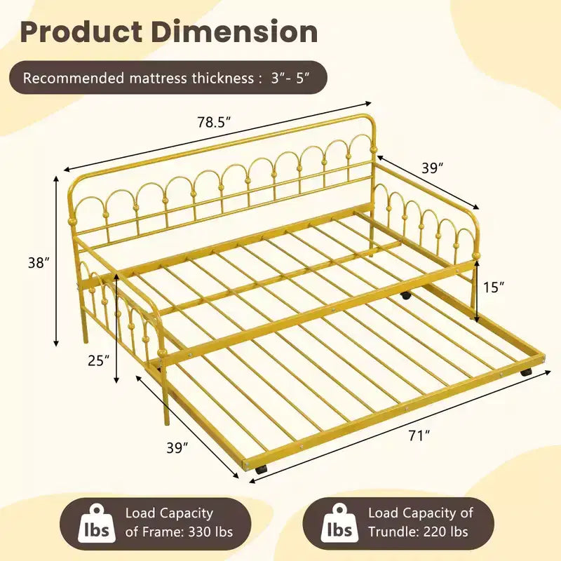 Metal Twin Daybed with Trundle and Lockable Wheels 39"