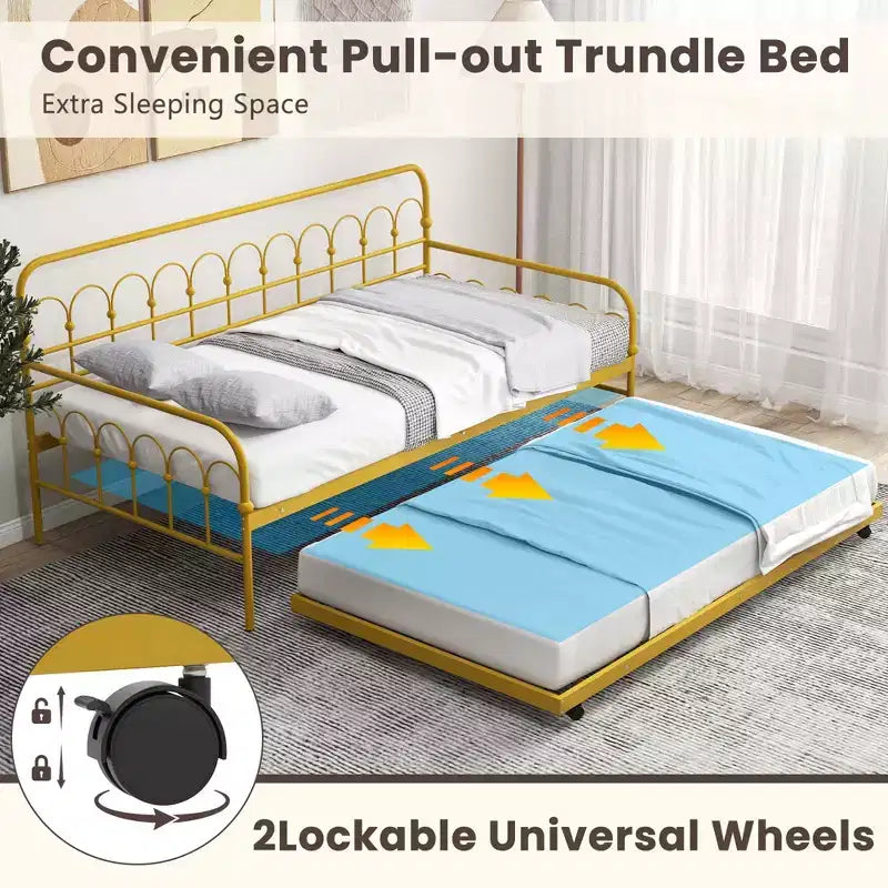 Metal Twin Daybed with Trundle and Lockable Wheels 39"