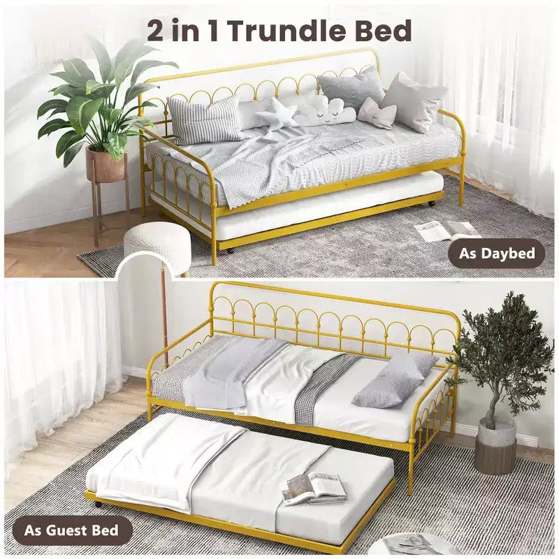 Metal Twin Daybed with Trundle and Lockable Wheels 39"