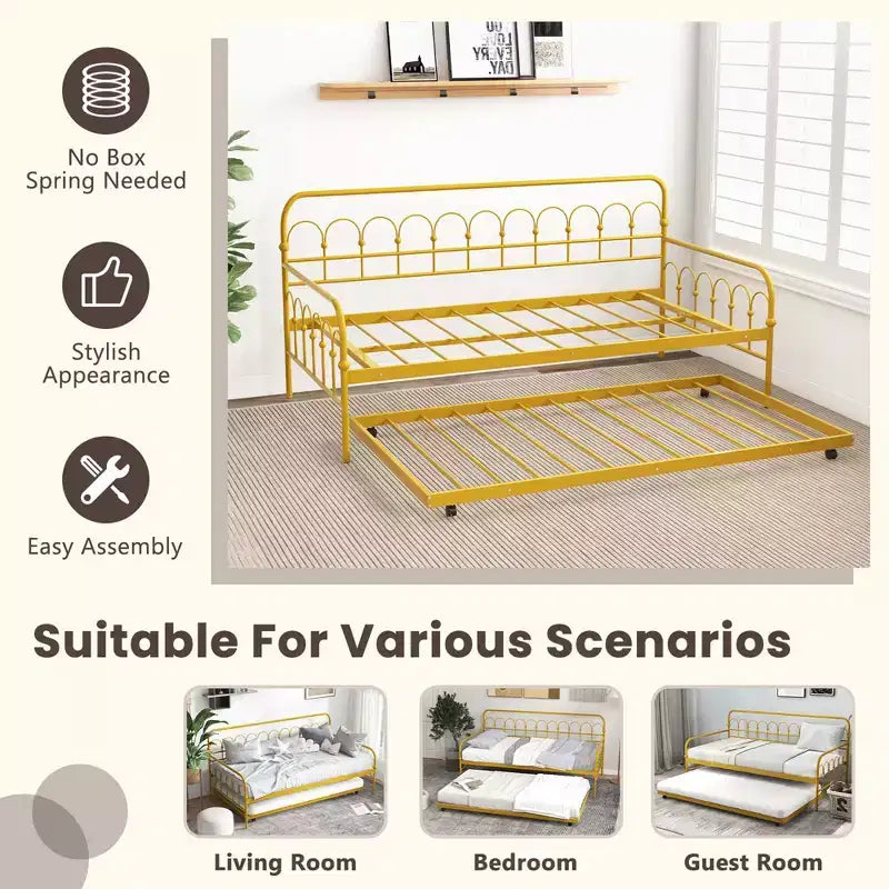 Metal Twin Daybed with Trundle and Lockable Wheels 39"