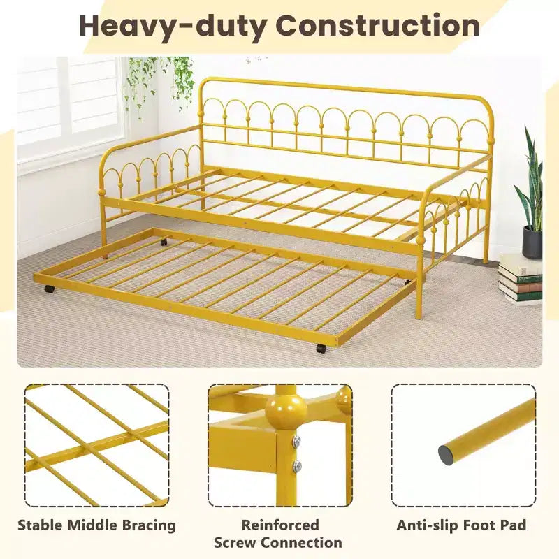 Metal Twin Daybed with Trundle and Lockable Wheels 39"