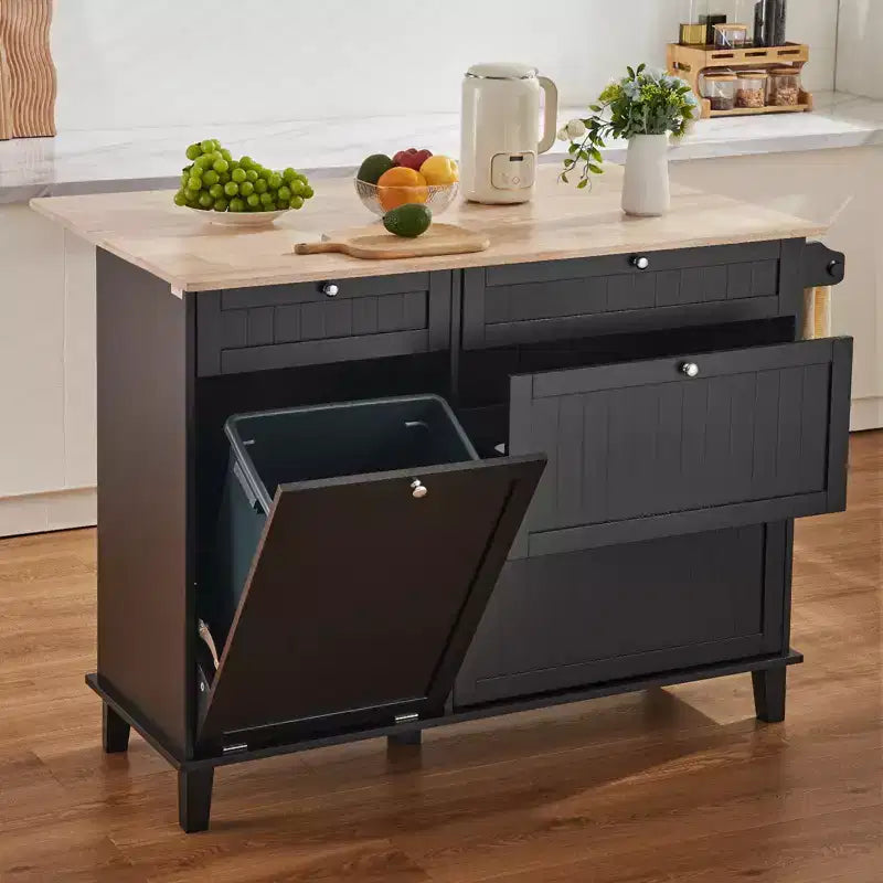 Rubberwood and MDF Kitchen Island Cart with Drawers and Trash Cabinet 50"