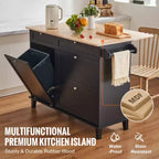 Îlot de cuisine en bois d'hévéa et MDF avec tiroirs et meuble poubelle 50"