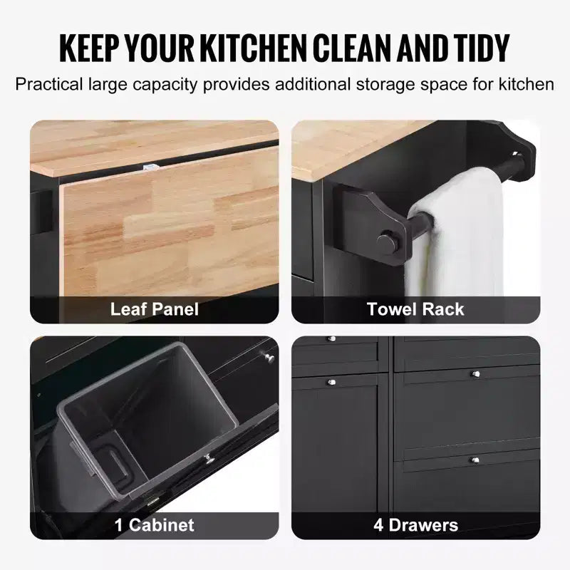 Rubberwood and MDF Kitchen Island Cart with Drawers and Trash Cabinet 50"