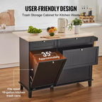 Îlot de cuisine en bois d'hévéa et MDF avec tiroirs et meuble poubelle 50"