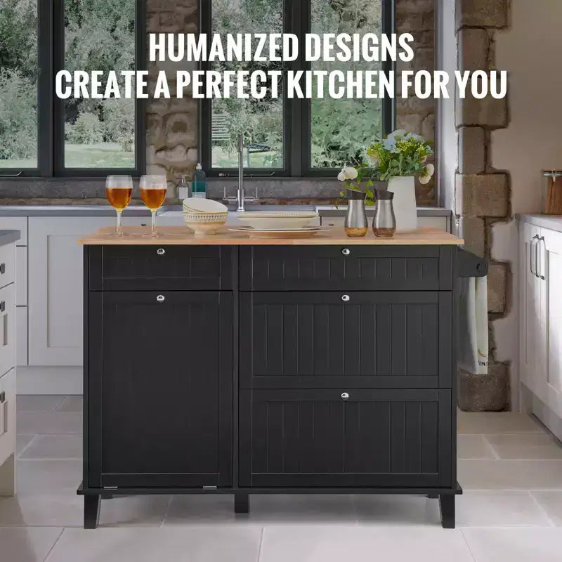 Rubberwood and MDF Kitchen Island Cart with Drawers and Trash Cabinet 50"