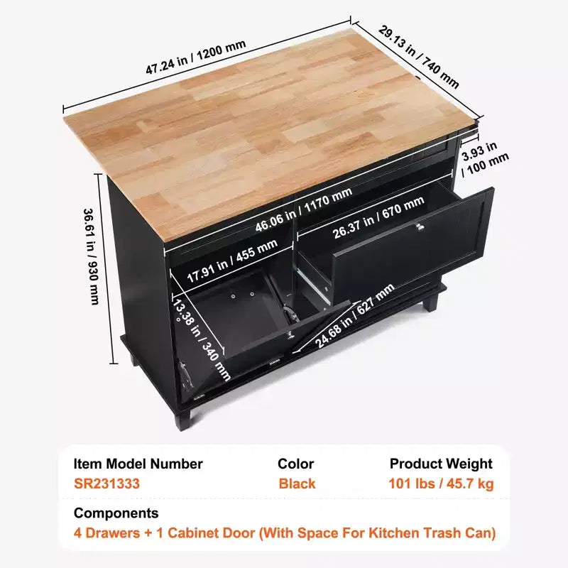 Rubberwood and MDF Kitchen Island Cart with Drawers and Trash Cabinet 50"