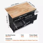 Îlot de cuisine en bois d'hévéa et MDF avec tiroirs et meuble poubelle 50"