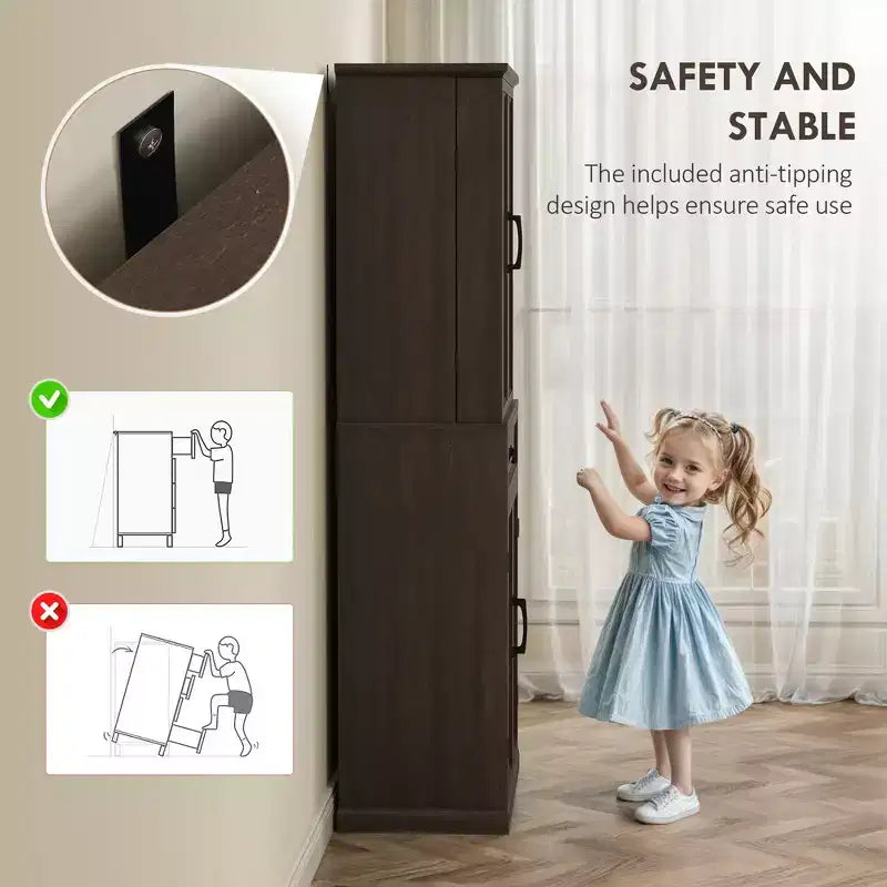 Wood Kitchen Pantry Cabinet with LED Light and Adjustable Shelves 71"