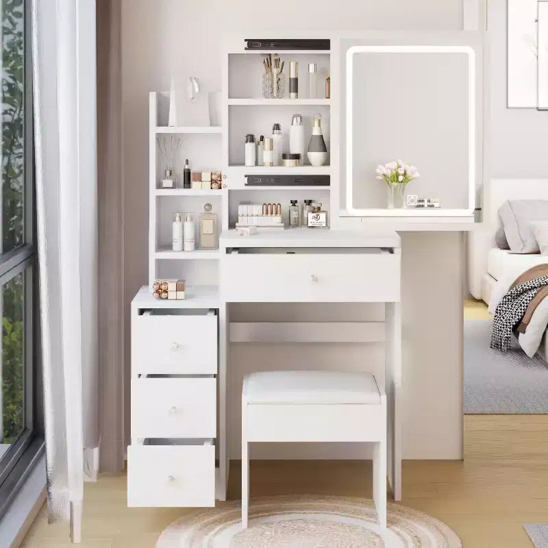 Wood Sliding Mirror Vanity Desk with LED Lighting and Cushioned Stool 50.4"