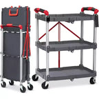 3-Tier Portable Folding Service Cart, Collapsible Push Cart with Wheels, 56 Lbs Load Capacity per Shelf, for Home/Office/Warehouse Gery
