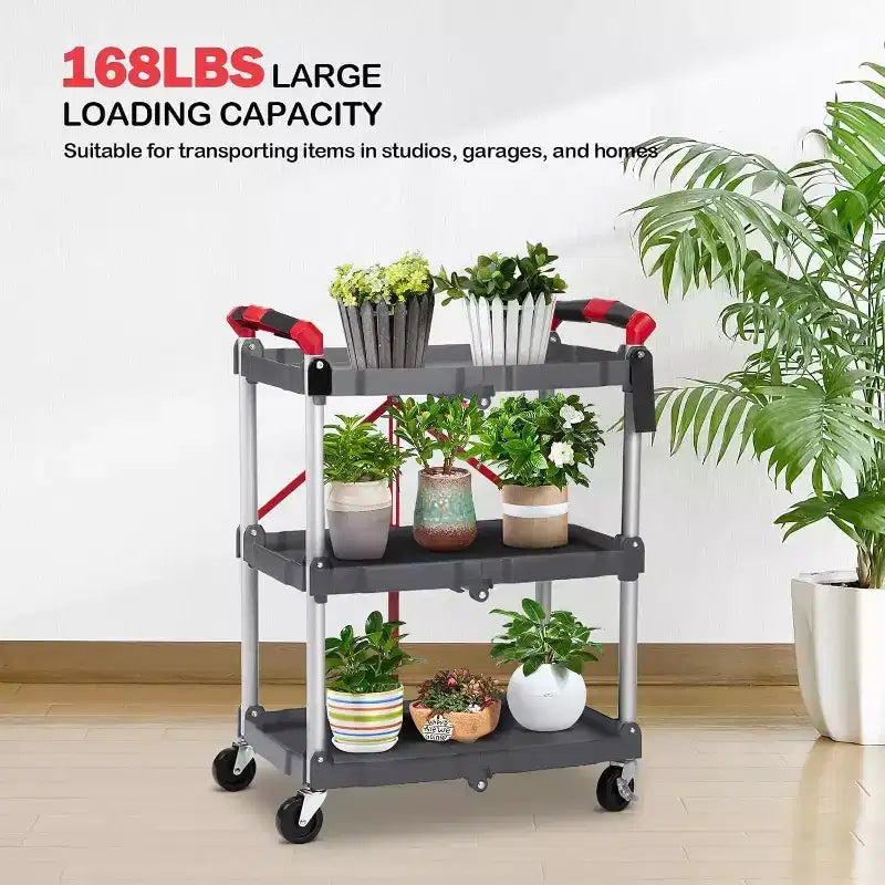 Steel 3-Tier Folding Service Cart with Lockable Wheels 32.87"