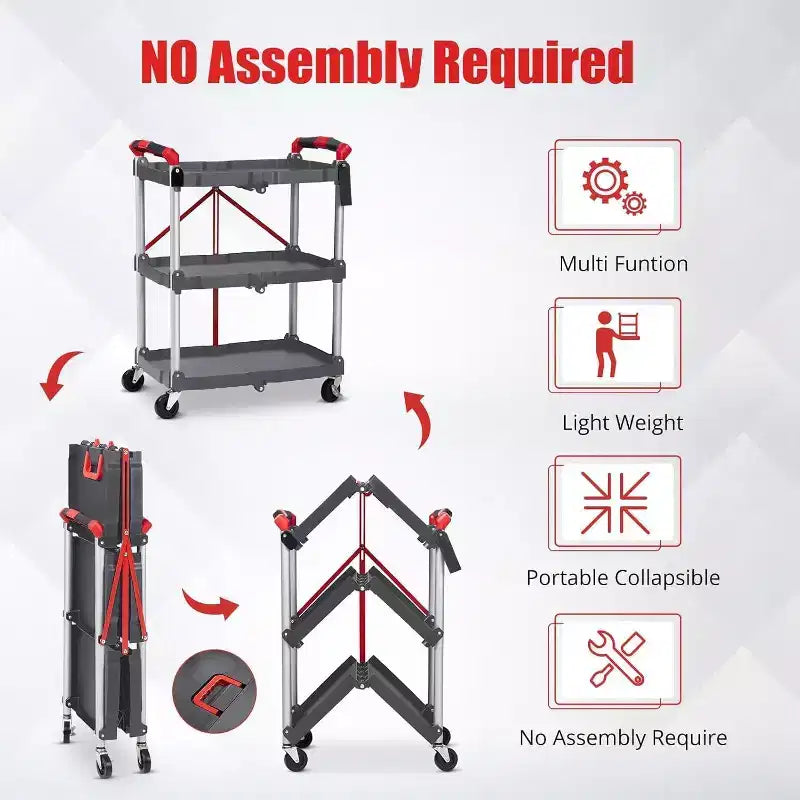 Steel 3-Tier Folding Service Cart with Lockable Wheels 32.87"