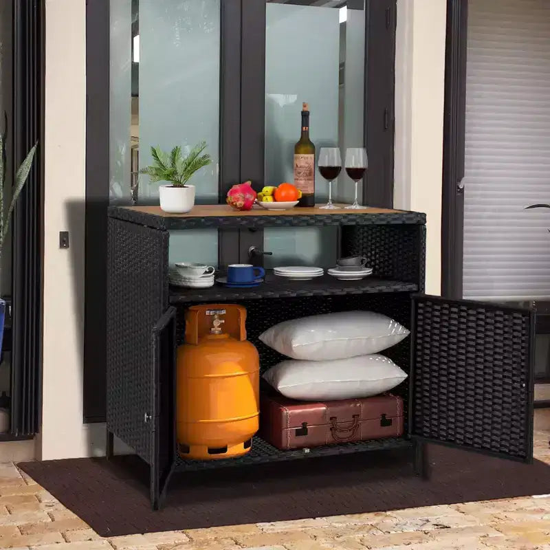 Rattan Outdoor Storage Cabinet with 2 Doors and Adjustable Shelves 33.5"