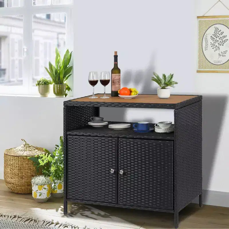 Rattan Outdoor Storage Cabinet with 2 Doors and Adjustable Shelves 33.5"