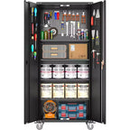 Garage Storage Cabinet with Wheels & Pegboard, 72 H Locking Metal Storage Cabinet with 2 Doors & 4 Adjustable Shelves for Garage Workshop