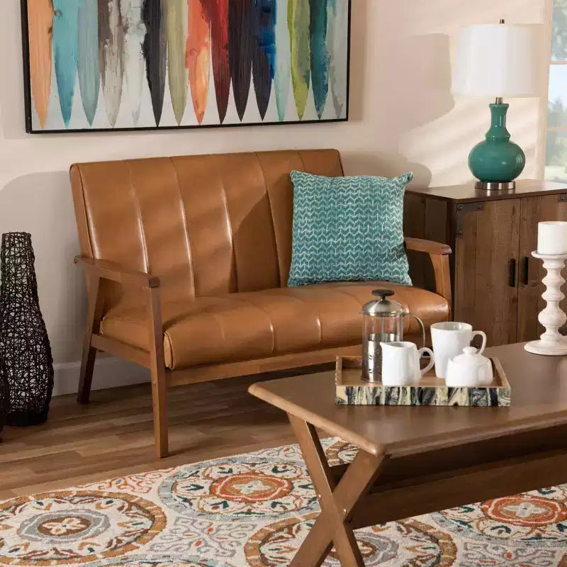 Faux Leather and Wood Frame Loveseat 2-Seater Walnut/Brown