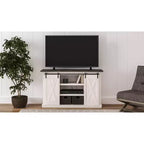 Meuble TV bicolore en bois avec portes coulissantes de grange 137 cm pour téléviseurs jusqu'à 160 cm