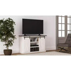 Meuble TV bicolore en bois avec portes coulissantes de grange 137 cm pour téléviseurs jusqu'à 160 cm