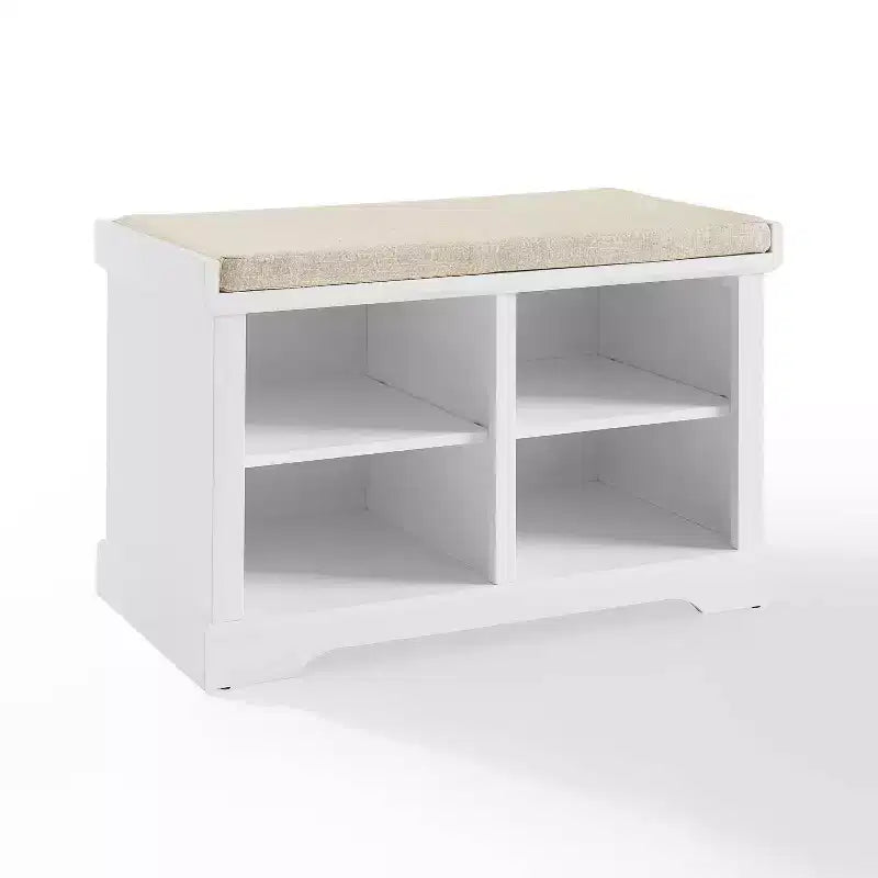 Wood and Linen Entryway Storage Bench with Shoe Cubbies White