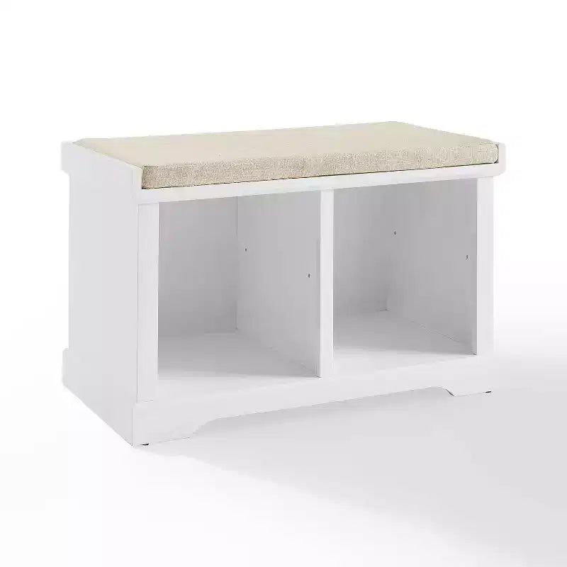Wood and Linen Entryway Storage Bench with Shoe Cubbies White