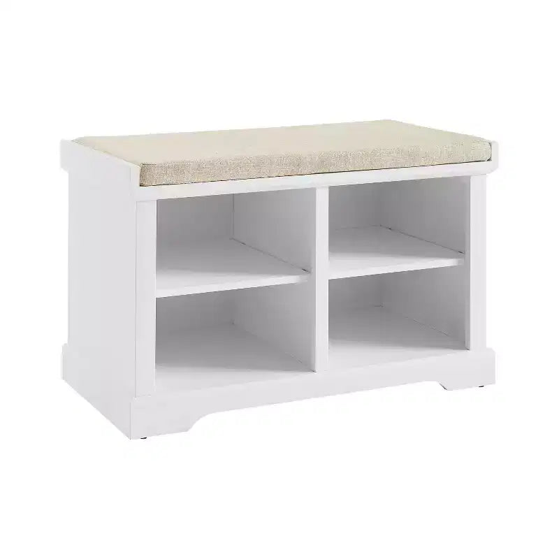 Wood and Linen Entryway Storage Bench with Shoe Cubbies White