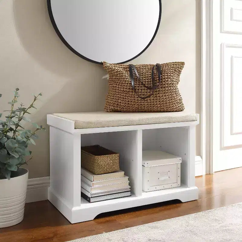Wood and Linen Entryway Storage Bench with Shoe Cubbies White