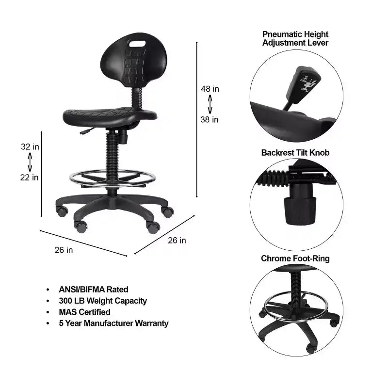 Polyurethane Adjustable Height Task Chair 22"-32"