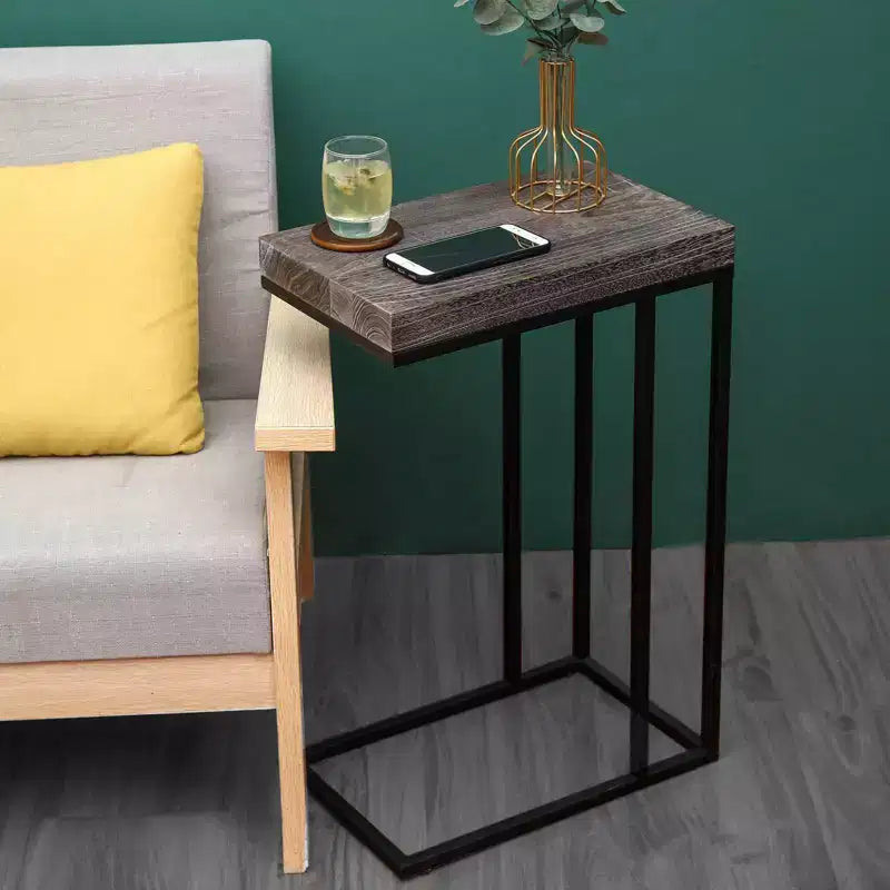 Solid Wood and Steel C-Shaped End Table Rustic Brown