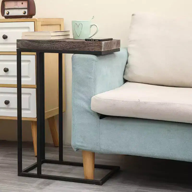 Solid Wood and Steel C-Shaped End Table Rustic Brown