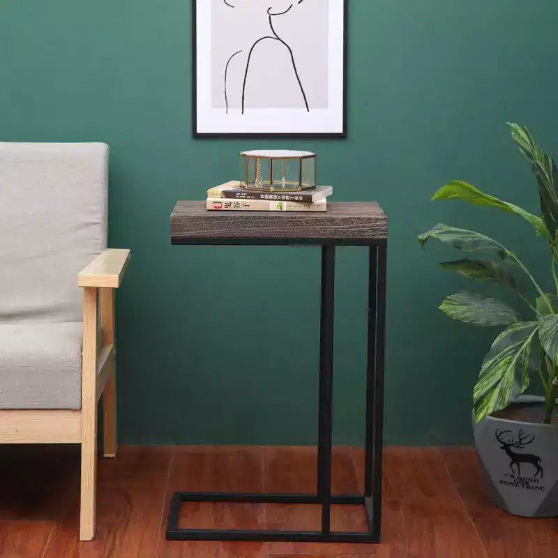 Solid Wood and Steel C-Shaped End Table Rustic Brown