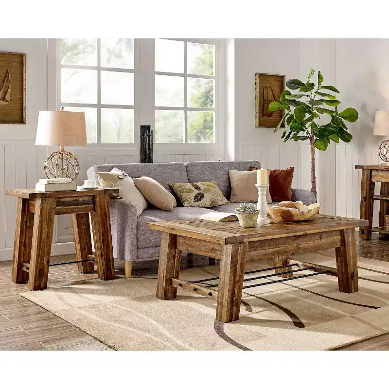 Solid Acacia Wood Coffee Table and 2 End Tables Set 48" Dark Brown