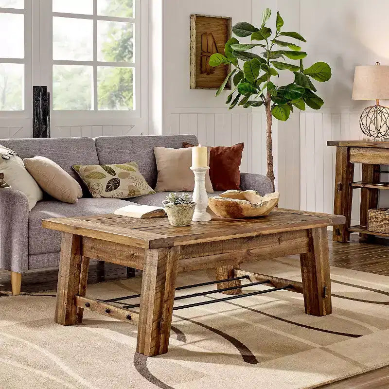 Solid Acacia Wood Coffee Table and 2 End Tables Set 48" Dark Brown