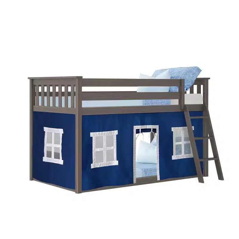 Pine Wood Twin over Twin Low Bunk Bed with Cotton Curtains 50"