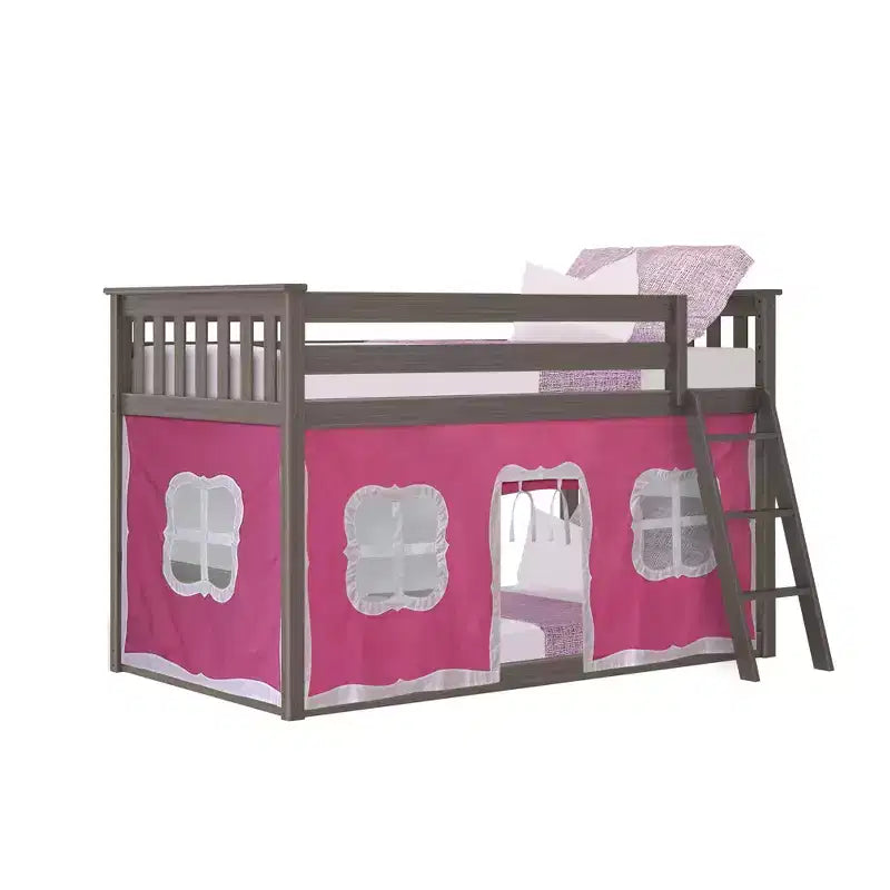 Pine Wood Twin over Twin Low Bunk Bed with Cotton Curtains 50"
