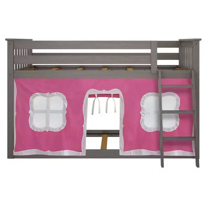 Pine Wood Twin over Twin Low Bunk Bed with Cotton Curtains 50"