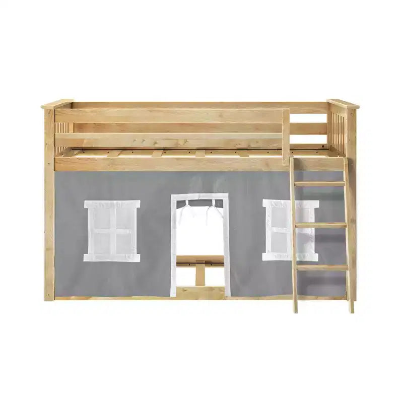 Pine Wood Twin over Twin Low Bunk Bed with Cotton Curtains 50"