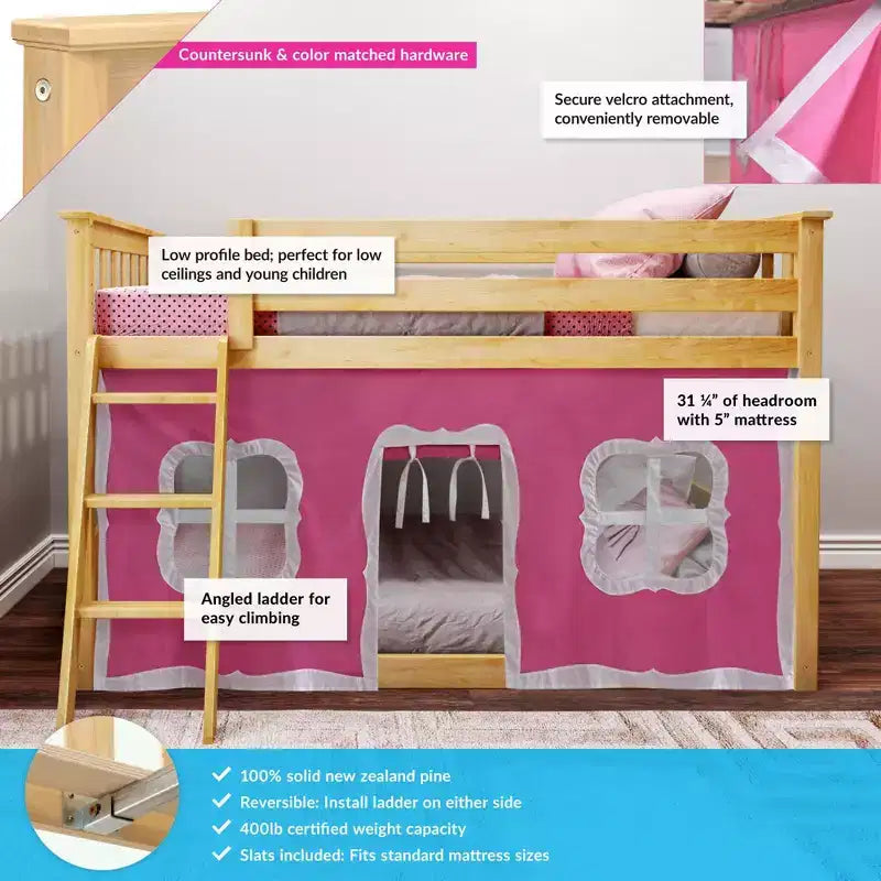 Pine Wood Twin over Twin Low Bunk Bed with Cotton Curtains 50"