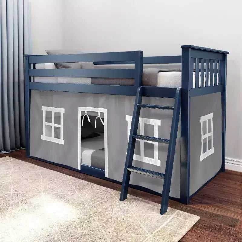 Pine Wood Twin over Twin Low Bunk Bed with Cotton Curtains 50"