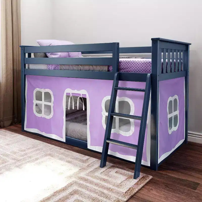 Pine Wood Twin over Twin Low Bunk Bed with Cotton Curtains 50"