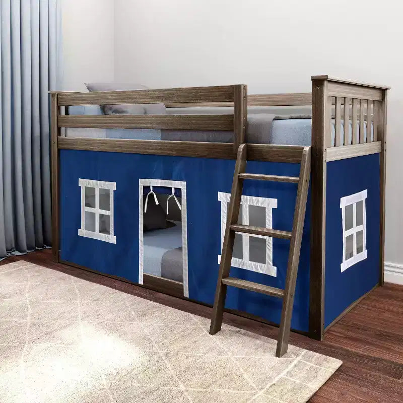 Pine Wood Twin over Twin Low Bunk Bed with Cotton Curtains 50"