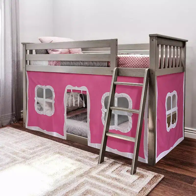 Pine Wood Twin over Twin Low Bunk Bed with Cotton Curtains 50"