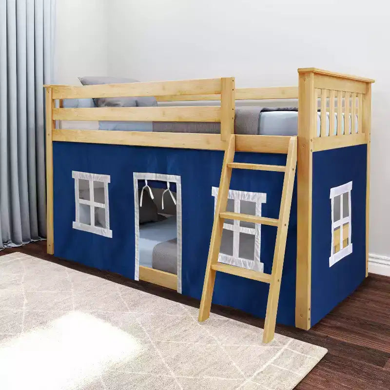 Pine Wood Twin over Twin Low Bunk Bed with Cotton Curtains 50"