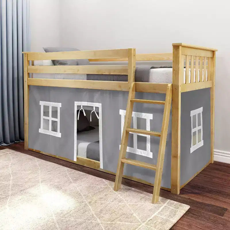 Pine Wood Twin over Twin Low Bunk Bed with Cotton Curtains 50"