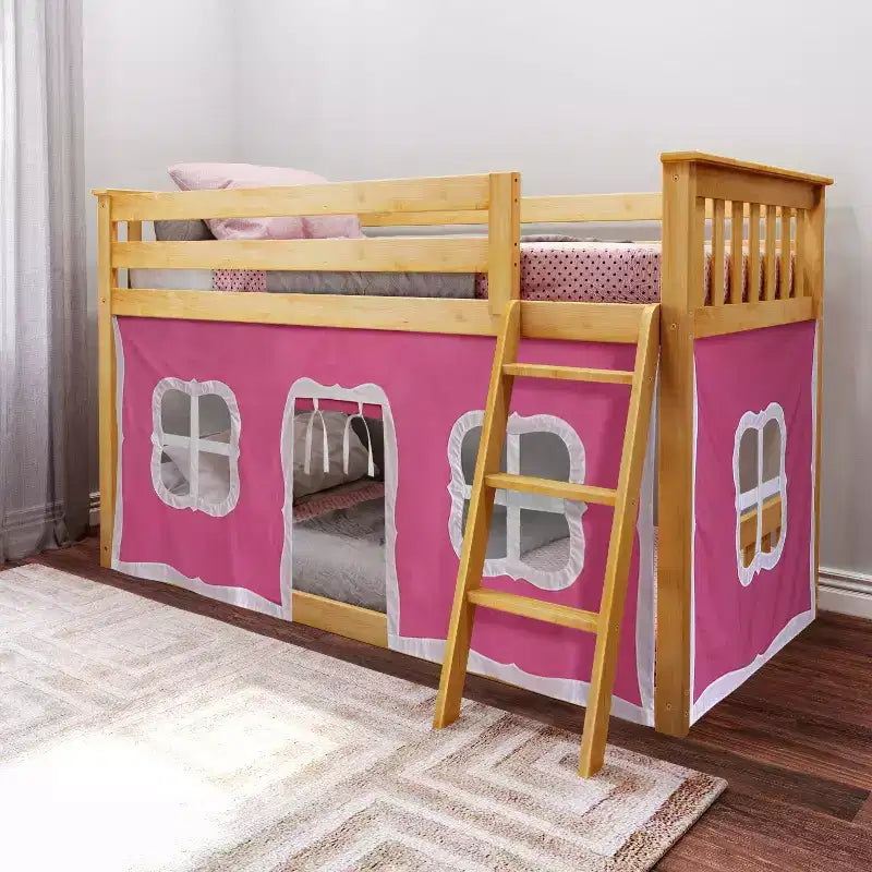 Pine Wood Twin over Twin Low Bunk Bed with Cotton Curtains 50"
