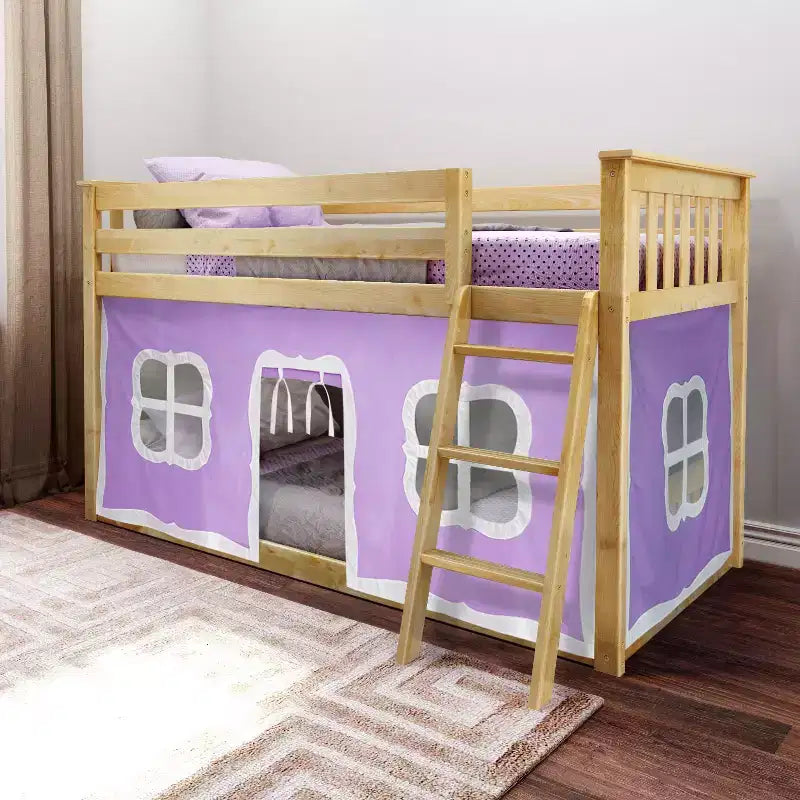 Pine Wood Twin over Twin Low Bunk Bed with Cotton Curtains 50"