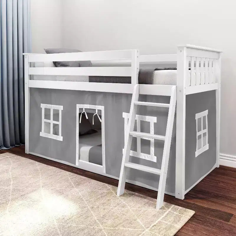 Pine Wood Twin over Twin Low Bunk Bed with Cotton Curtains 50"