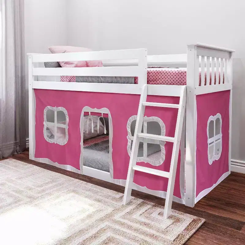 Pine Wood Twin over Twin Low Bunk Bed with Cotton Curtains 50"