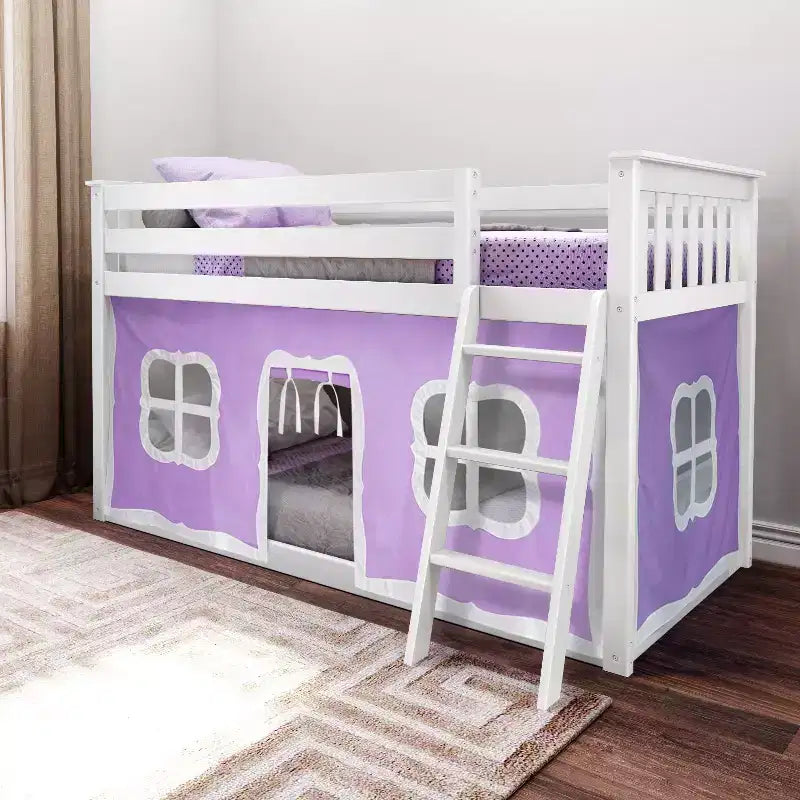 Pine Wood Twin over Twin Low Bunk Bed with Cotton Curtains 50"