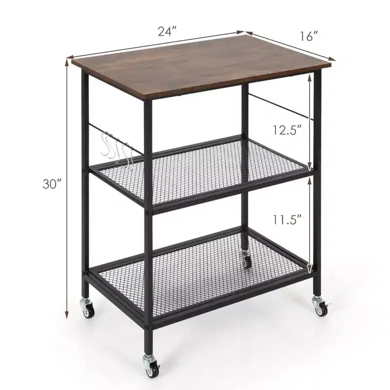 Steel 3-Tier Kitchen Utility Cart with Wheels 30"